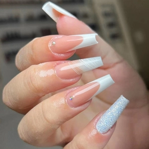 White French Tip Press On Nails Long Coffin Fake Nail Tips Rhinestone Swirl Design Silver Glitter Plastic For Women