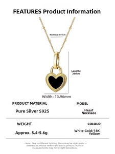 Detailed specs of the S925 sterling silver gold heart necklace with dimensions