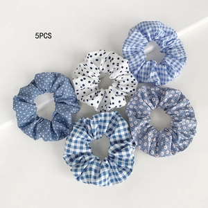 5PCS blue and white floral checkered scrunchies set for bun hairstyles on white background