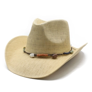 British style beige woven straw Panama hat with stone beaded band on white background