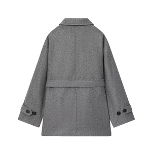 Back view of a grey mid-length wool blend coat with lapel collar and waist belt