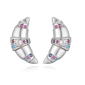 Silver croissant hoop earrings with vibrant multi-colored inlaid crystals and polished finish
