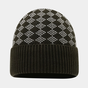 Detailed texture of dark olive knit beanie with white geometric diamond patterns and ribbed cuff