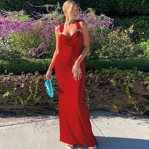 Elegant red backless bodycon dress with cowl neck and tie-up details for women