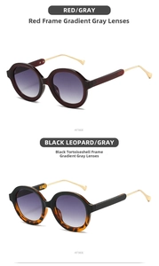 Detail view of round sunglasses in red and tortoiseshell frames with metal temples