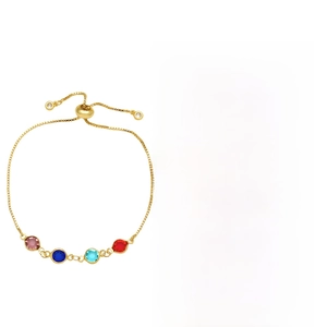 Detailed view of adjustable gold-plated bracelet with four colorful round crystal stones