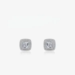 Square Double Halo Stud Earrings With 925 Sterling Silver Earring Post Princess Cut Zirconia Sparkly Luxury For Women