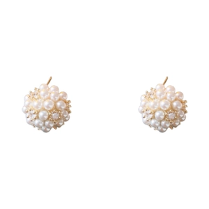 Elegant cluster pearl stud earrings with sparkling zircon center and gold-plated pins