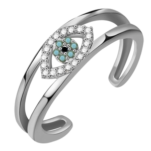 Silver evil eye open ring with double hollow bands and blue cubic zirconia crystals