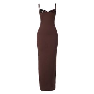 Slim fit dark brown bodycon maxi dress with sequined bust and spaghetti straps