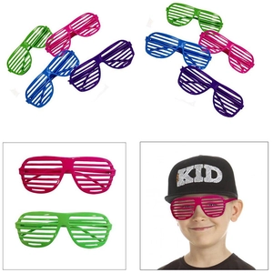 Colorful shutter shades glasses for parties in green, pink, blue, and purple styles