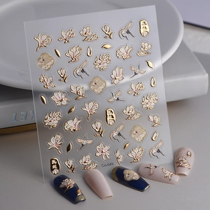 Relief Nail Art Stickers Gold Foiling Flower Crane Waterproof Self Adhesive DIY Manicure Decor Chinese Style Women