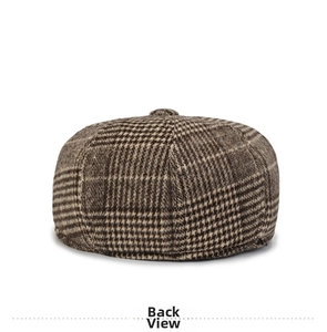 Rear view detail of a retro brown houndstooth pattern wool blend newsboy cap for men