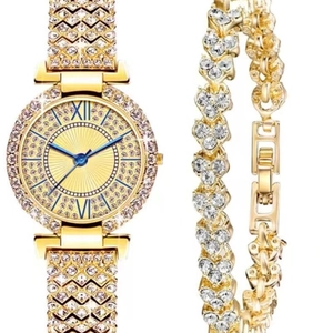 Luxurious gold-tone quartz watch set for women featuring full diamond inlay and heart bracelet