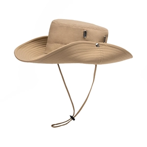 Khaki wide brim sun hat for hiking and fishing with windproof strap and metal eyelets