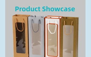 Detailed view of long gift bags with clear PVC windows in four different colors