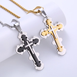 Vintage stainless steel cross pendant necklace in gold and black layered plating
