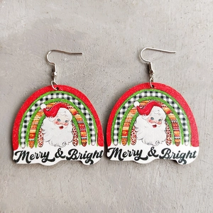 Christmas Santa Claus and rainbow patterned semi-circle earrings with Merry & Bright text