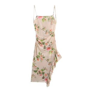 Vestito Maxi Stampa Floreale Maglia Poliestere Schiena Scoperta Orlo Con Volant Asimmetrico Spacco Arricciato Elegante