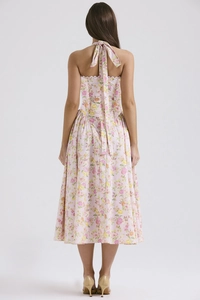 Detail of the back tie-up neck design on this pink floral print midi summer dress