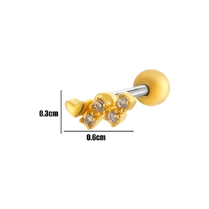 Detail showing dimensions of moon and bow ear stud with shiny zircon inlay in gold
