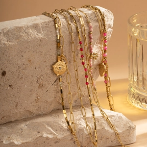 Bohemian gold plated titanium steel double layer bracelet with natural pink beads