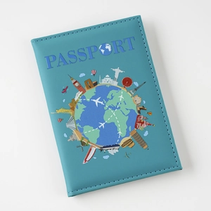 Detail of cyan PU leather passport cover with colorful UV-printed world landmarks