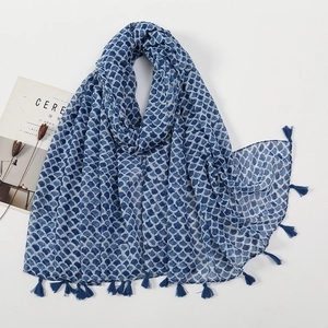 Detail of blue fish-scale print linen scarf with dark blue fringe tassels and watercolor texture