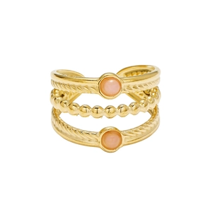 Gold plated wide multilayer open ring with pink stones and braided rope texture details