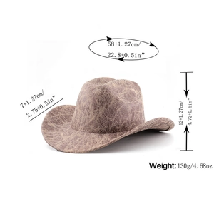 Detailed size chart for vintage brown western cowboy hat with cracked texture dimensions