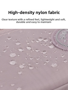 Detail shot of purple high-density nylon fabric showing waterproof water droplets texture