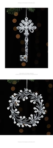 Macro detail of clear acrylic Christmas ornaments with crystal snowflake texture and silver cord