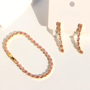 Pink oval zircon jewelry set with gold-plated necklace, earrings and bracelet for women