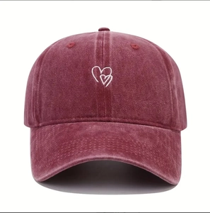 Classic burgundy cotton baseball cap featuring high-quality white double heart embroidery