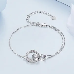 Classic S925 sterling silver double-layered chain bracelet with interlocking circles and zircons