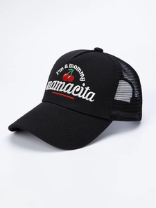 Detail of embroidered cherries and Mamacita text on black mesh trucker baseball cap
