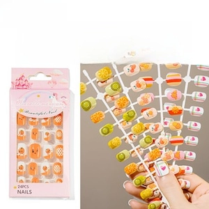 Detailed view of 24pcs fruit themed press-on nail set for kids with unicorn packaging