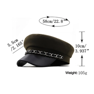 Olive green cotton newsboy cap with black leather visor and metal chain detail