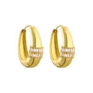 Detailed close-up of golden hoop earrings featuring three rows of clear rectangular gemstones