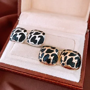 Square Stud Earrings Alloy Enamel Leopard Print Animal Texture Retro Fashion For Women 925 Sterling Silver Earring Post