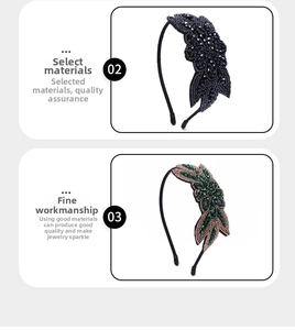 Detail of handmade beaded headbands with intricate embroidery and sparkling rhinestones