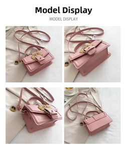 Detailed views of a pink leather crossbody bag with vintage golden baroque buckle