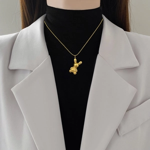 Minimalist gold titanium steel necklace with 3D rabbit pendant on thin bead chain