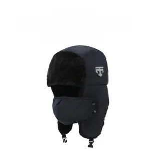 Macro detail of navy blue windproof winter hat with thick black faux fur lining and buckle