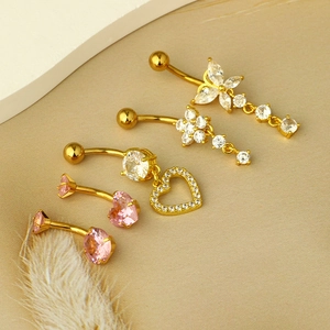 Set of five golden heart and butterfly navel rings with pink and white cubic zirconia