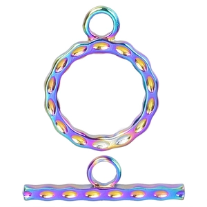 Close-up of rainbow iridescent OT toggle clasp with textured dot pattern and metallic finish