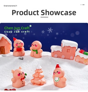 Detailed view of Christmas gingerbread man and snowman resin miniatures in a snowy scene