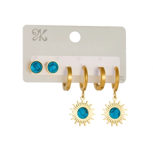 Three-piece set of gold stainless steel earrings featuring round blue turquoise charms