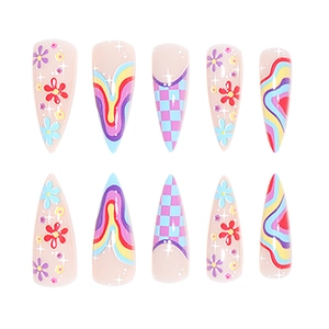 Colorful floral and checkerboard wavy pattern stiletto press-on nails set of 10