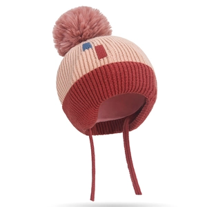 Cozy knit baby winter hat with pink faux fur pompom and earflaps for cold protection